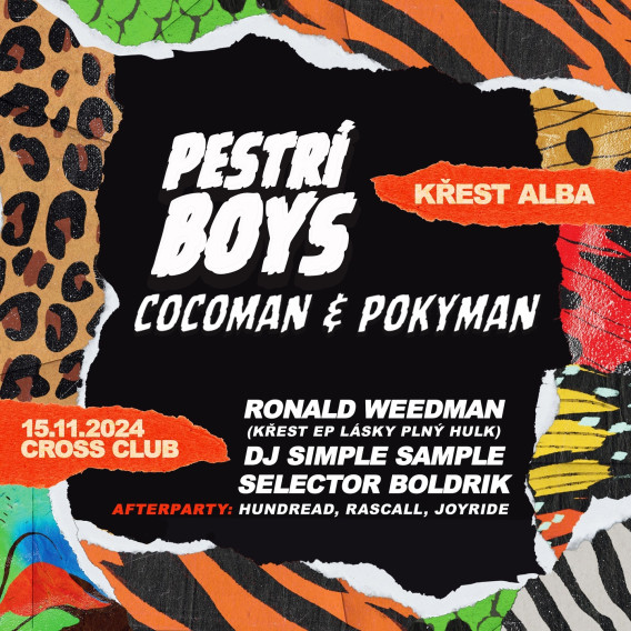 Křtíme tu naší desku! Jedinej koncert v Česku, mocná dvouhodinová show dvou bláznů. A Ronald Weedman křtí taky! Do jedný reggae, pak zlámaná afterparty až do rána. Těšíme se jak malí! Vaši Pestrí boys 💜💙💚💛❤️. @generalpoky @cocomancz + @ssmpl a @selectorboldrik + @ronaldweedman + @djhundread @djrascall @michaelkajoy